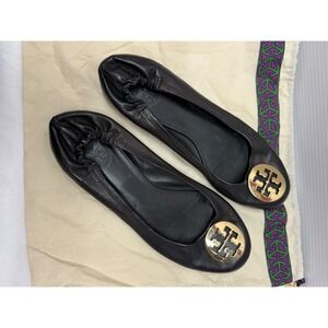 Tory Burch Reva Black Leather Gold Logo Medallion Ballet Flats 11